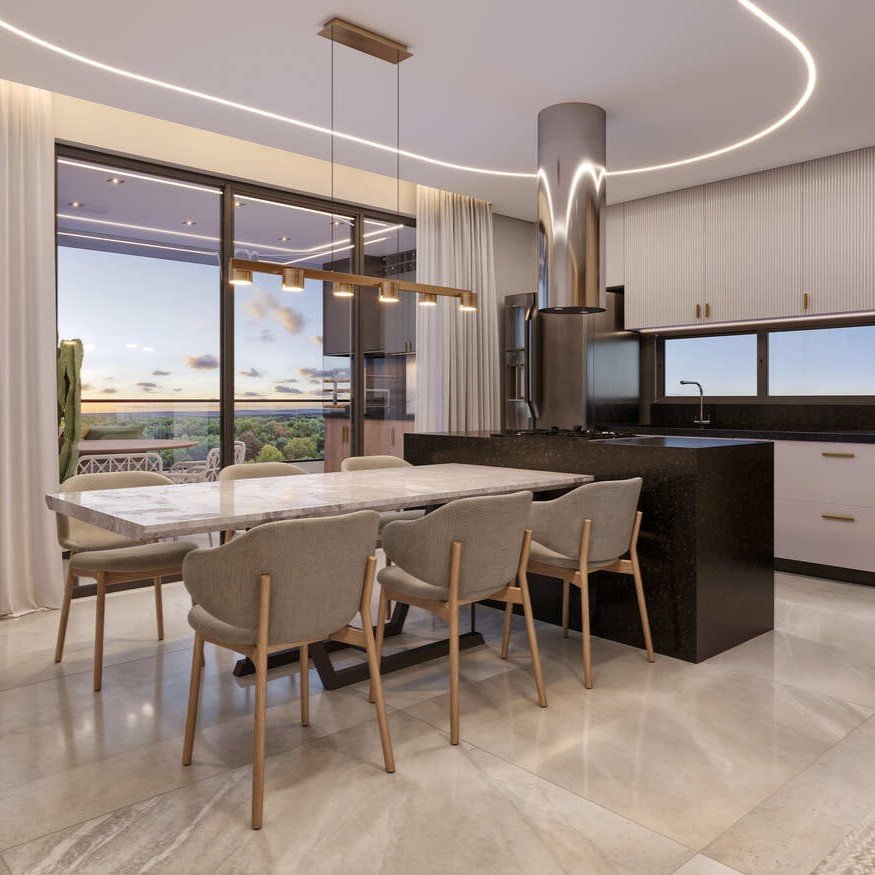 Cozinha de conceito aberto em apartamento moderno