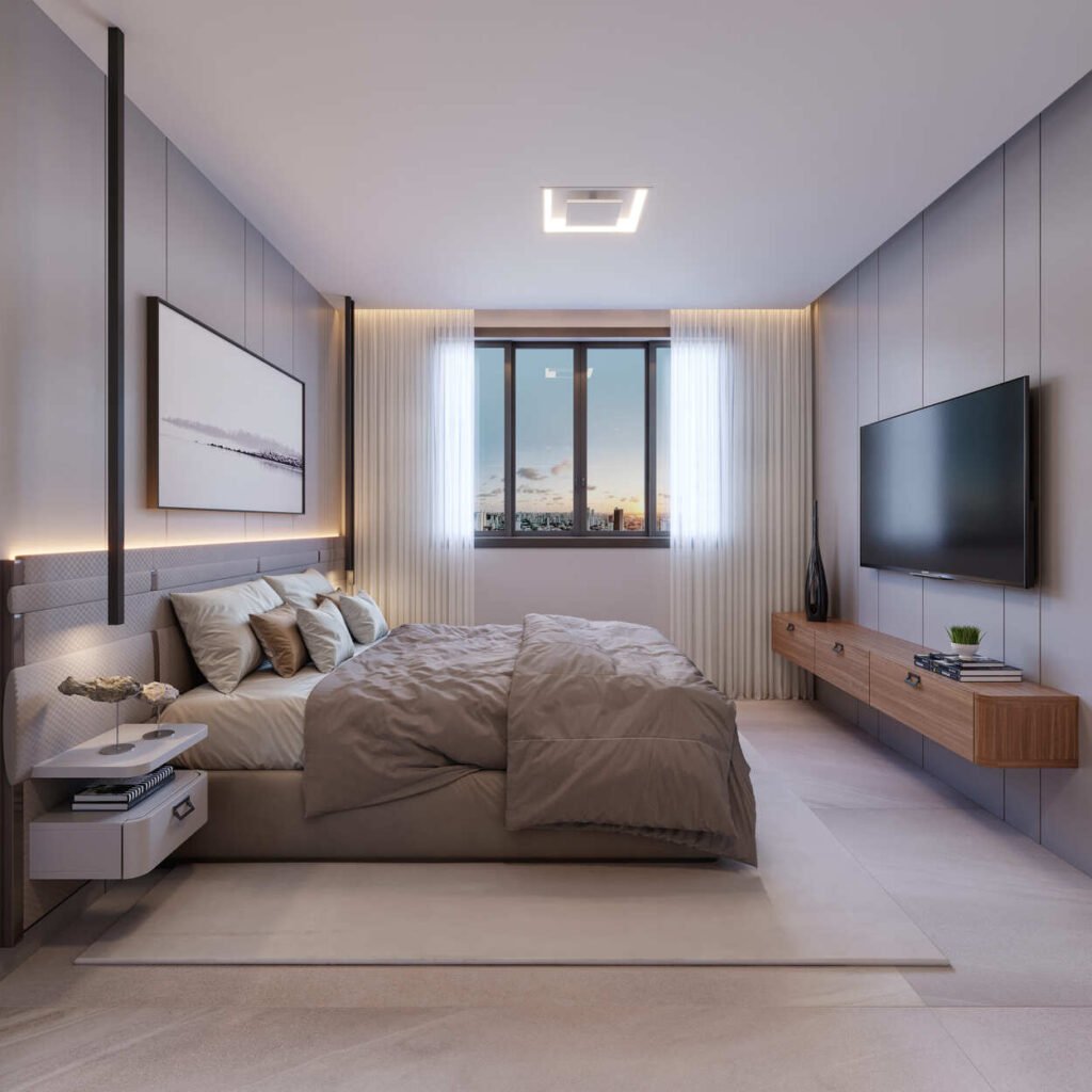 Projeto de quarto de casal moderno e aconchegante